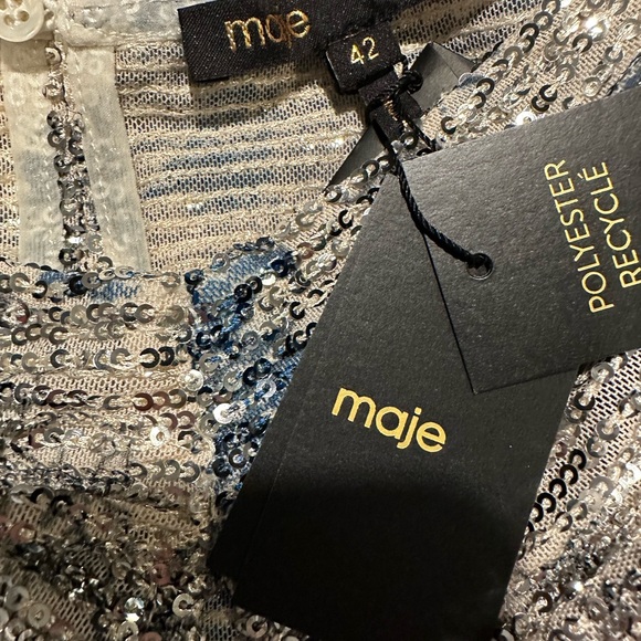 Maje Elegant Blue and Cream Long Sleeve Dress - Picture 3 of 6